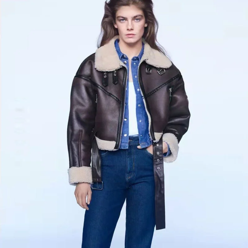 2022 Za Fur Long Sleeve Loose Belt Warm Women Pu Leather Jacket Lamb Wool Winter Thick Motorcycle Lapel Female Chic Coat Outwear