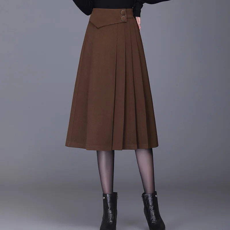 

Women Fashion Spliced Pleated High Waist A-line Black Skirt Autumn Winter Office Lady Elegant Loose Casual Mid-long Skirts 9862