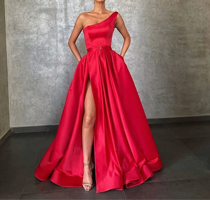 

Красное платье на одно плечо для выпускного вечера, длинное атласное вечернее платье-трапеция с высоким разрезом, на молнии, с карманами, Фо...