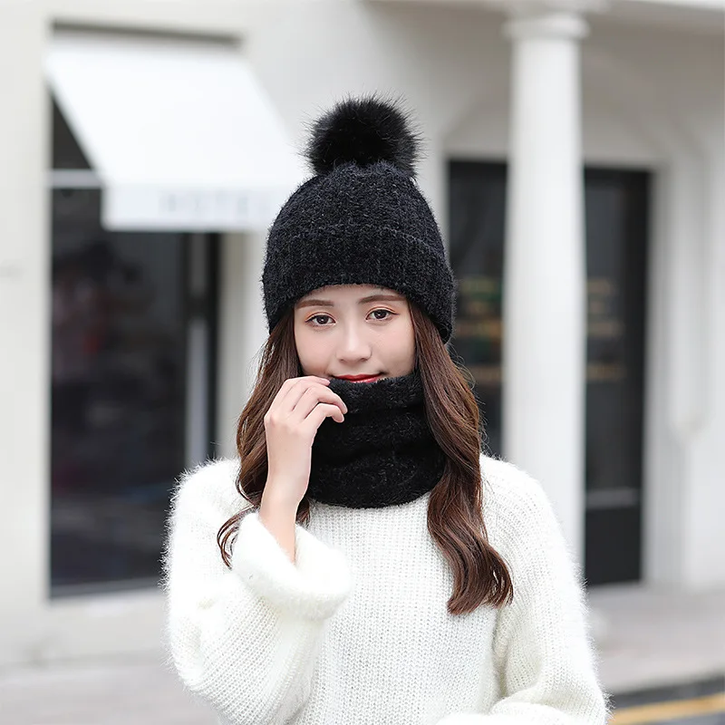 Hat Scarf Set Winter Women Plus Velvet Thick Warm Outdoor Sport Chenille Knit Hat And Scarf Korean Female Beanies Caps F24810AD - Цвет: black