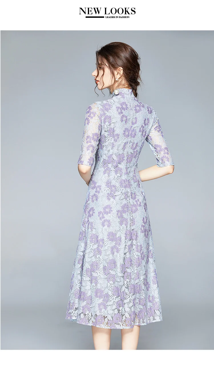 

Elegant Designer Woman Dress Woman Chinese Style Autumn Lace Dress Female Vintage Purple Party Robe Dresses Vestido Feminino
