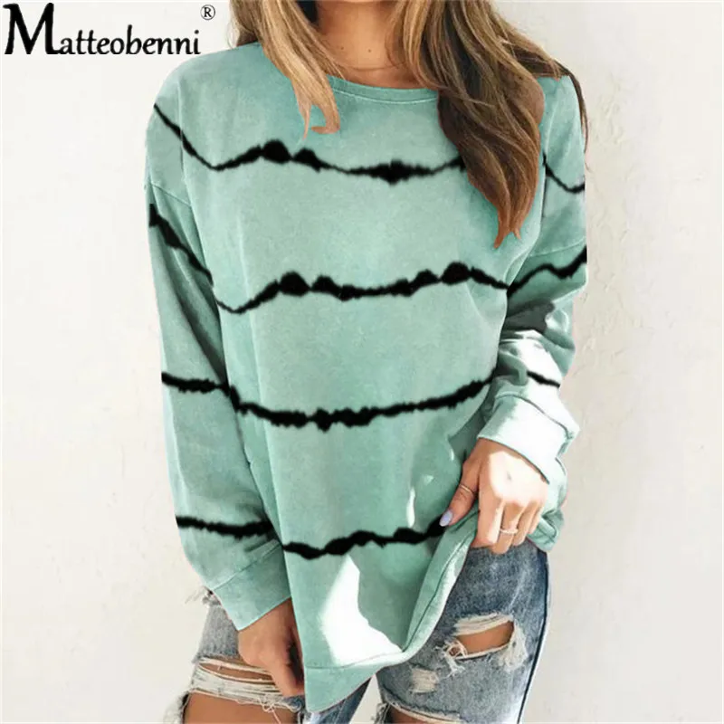 

Autumn Women T Shirt Tie-Dye Stripe Printed Loose Tops Fashion Casual 2020 Women Long Sleeve T-shirt Streetwear Plus Size S-5XL