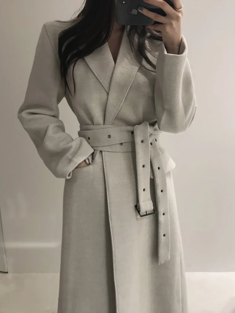 Beige Hebaoli new fashion korean chic vintage style elegant lace up waistband slim long winter windbreaker woolen coat western women - Color: Beige