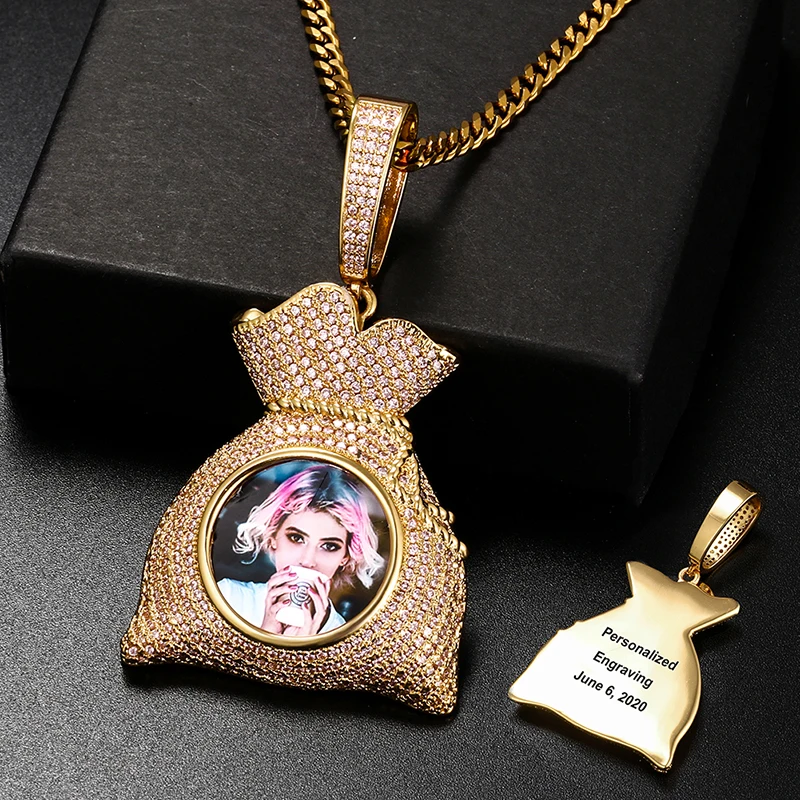 

Классический мешок для денег на заказ фото кулон ожерелье для мужчин хип-хоп ювелирные изделия личность имя гравировка кулон розовый цирко...