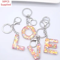 50pcs 26 initials letters keychains acrylic sequins key rings cute car bag alphabet pendant keyrings holder charm bag gifts