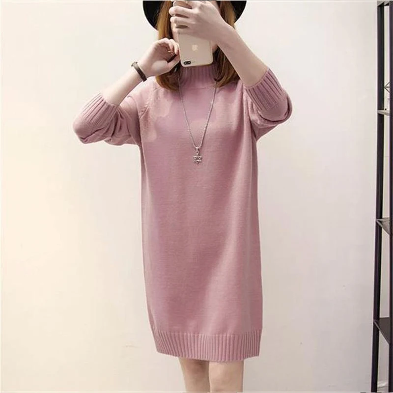 

2021 Women Sweaters Autumn Winter Half High Collar Mid Length Solid Color Knitted Sweater Casual Basic Sweater Dress Women