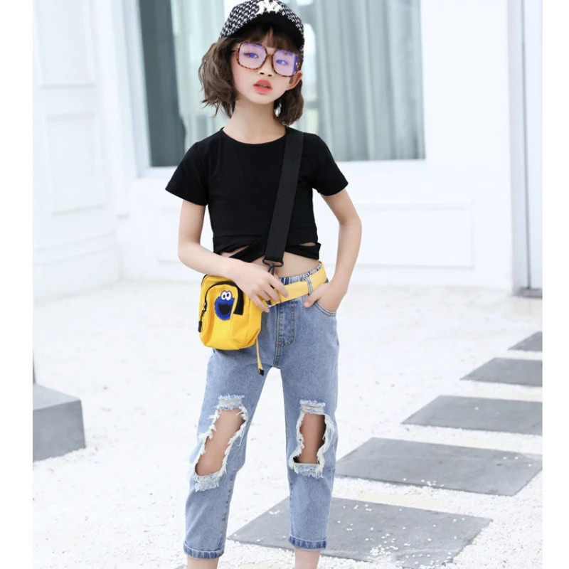 Girls Ripped Jeans 2021 Summer New Large Children Qi Gai Ku Fashionable Denim Ankle-length Pants Song Yao Dai | Мать и ребенок