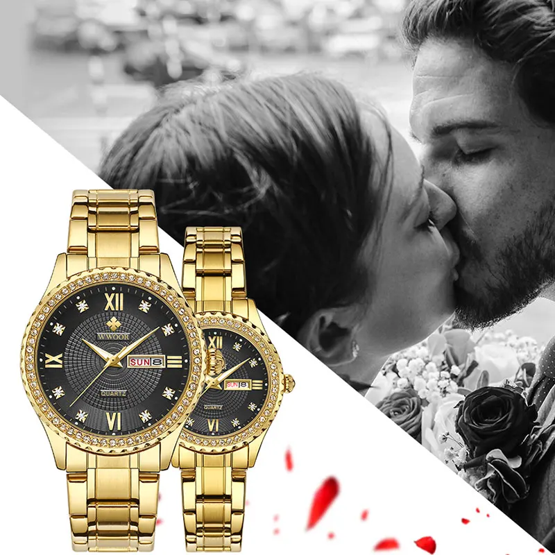 WWOOR Luxury Gold Couple Pair Watch Top Brand Quartz Waterproof Wrist Watch Stylish Diamond Men Women Clock Gift Relogios Casais