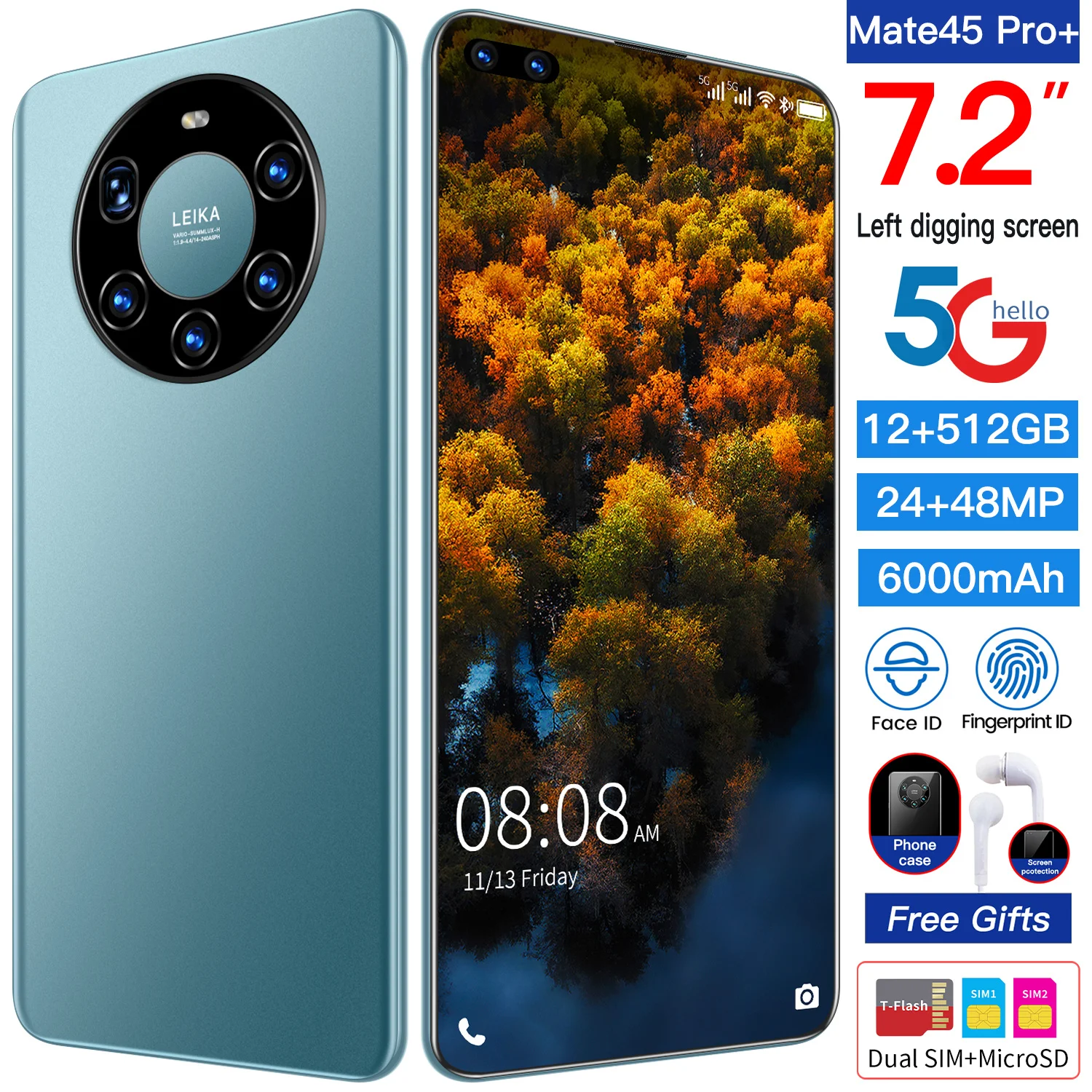 

Global Version Mate45 Pro+ 7.2 Inch Smartphone Full Screen 6000mah 24MP+48MPCamera 12GB+512GB 4G LTE 5G Network Mobile Phone