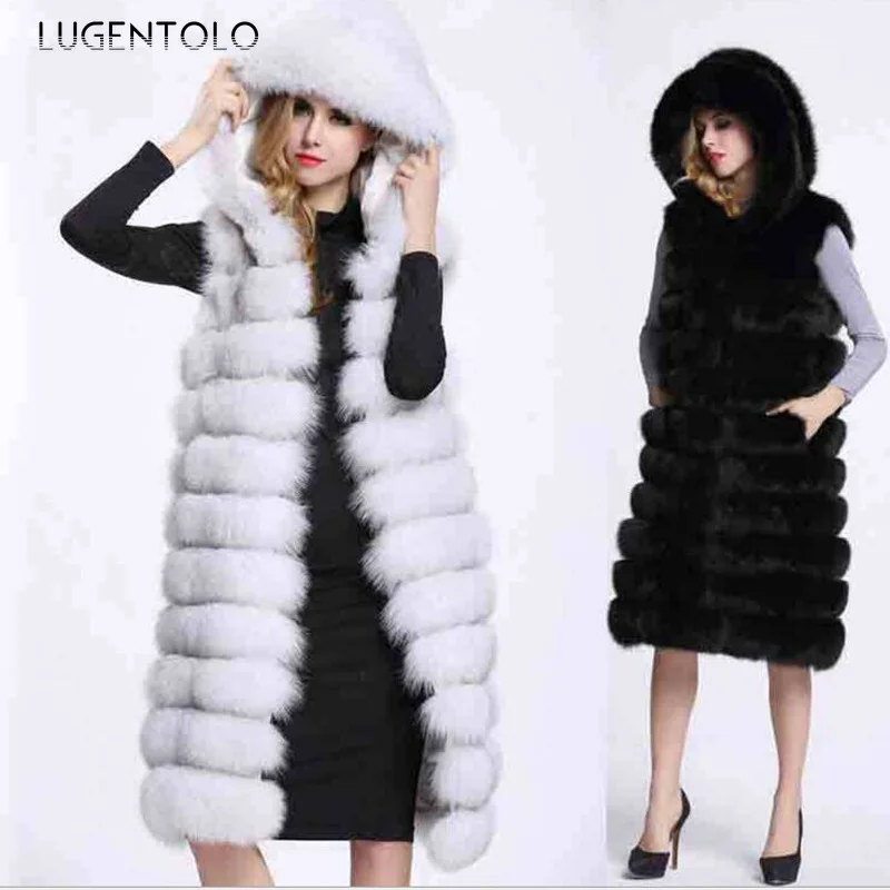 

Женский Теплый однотонный жилет с капюшоном из искусственного меха без рукавов, прямое пальто, женское повседневное Элегантное Длинное осе...