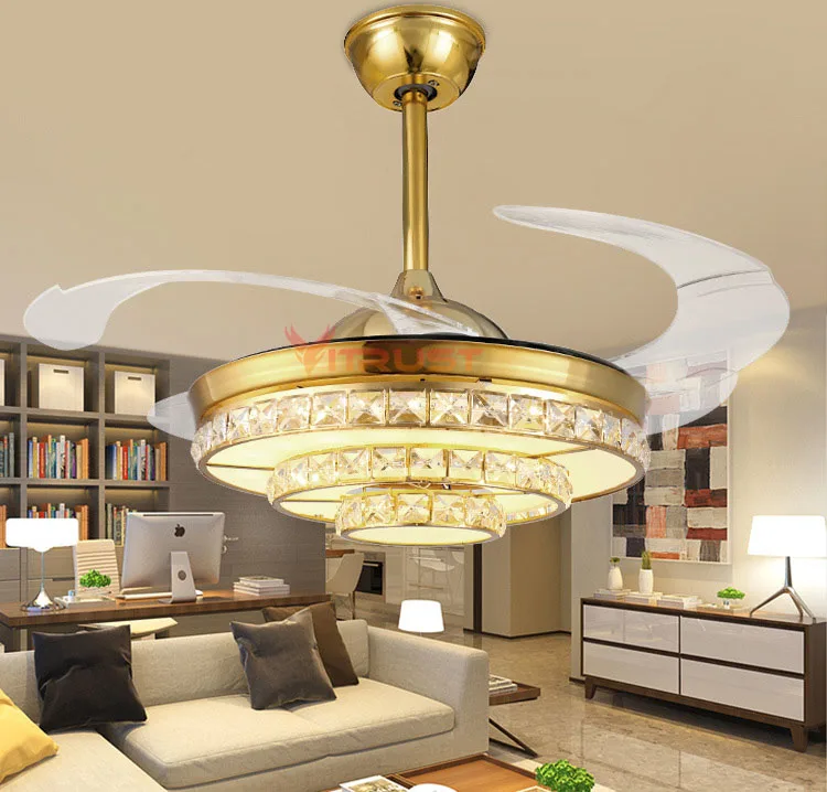 NEW Crystal Ceiling fan Lights 42 Inch Invisiable Gold Fans Lighting Living Room Dining Hanging Bedroom 110V 220V | Лампы и освещение