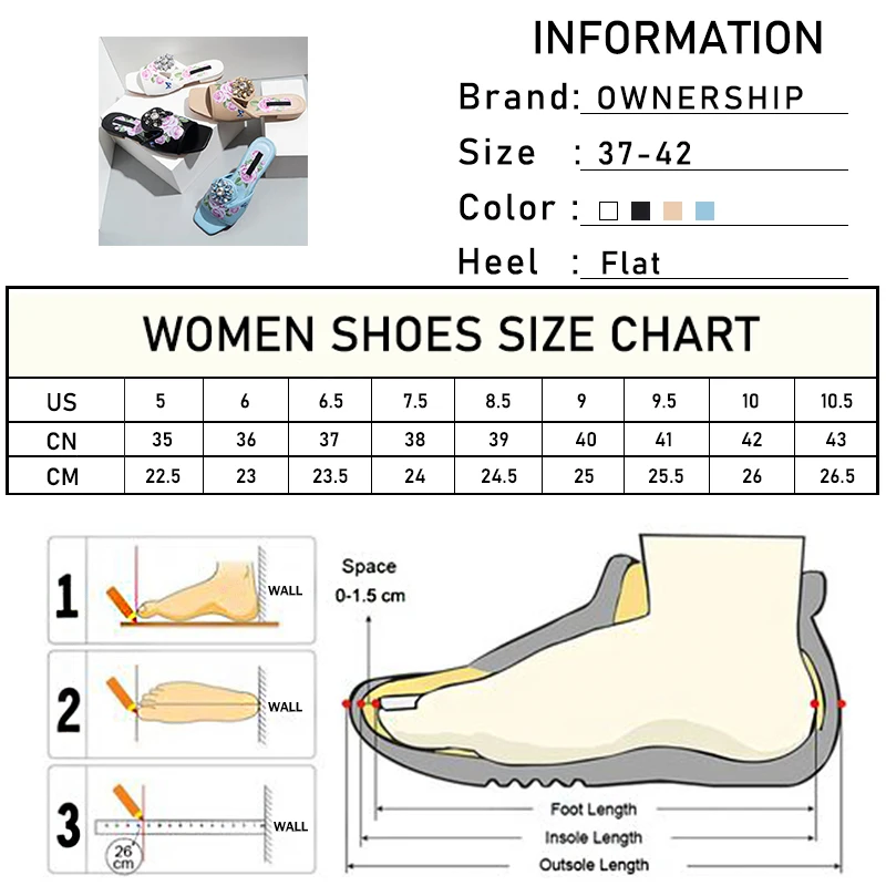

2021 Women Crystal Print Flower Square Toe Slippers Woman Summer Classic Flats Female Casaul Shoes Ladies Big Size Footwear