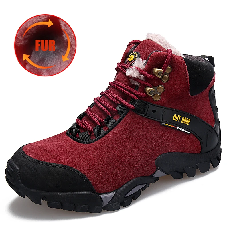 Зимние походные ботинки из натуральной кожи с мехом водонепроницаемая обувь для
