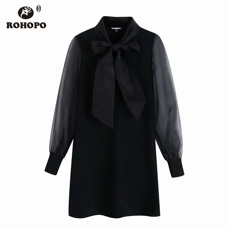 ROHOPO Tulle Sleeve Bow Collar Black Straight Mini Dress Long Ladies Retro Semi Sheer Solid Vestido #9859 | Женская одежда