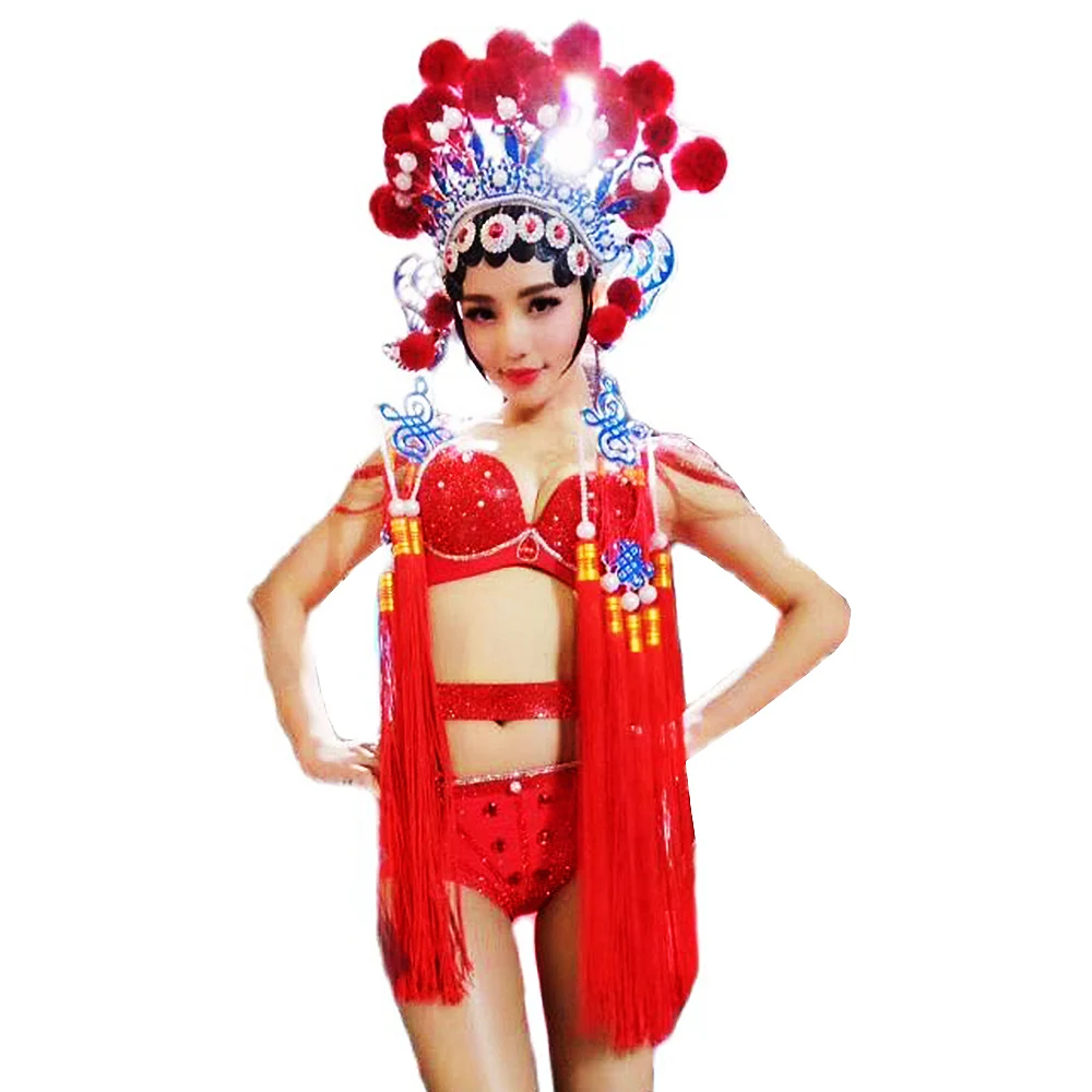 

Opera Costumes Personality Bikini Sets Rhinestones Pearl Headwear Tassel Dance Show Wear Uniform Costumes Women Stage Outfit