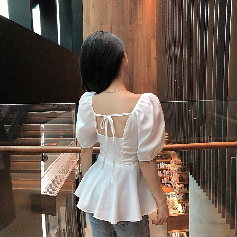

2021 Summer New French Sexy V-neck Slim Waist Women Shirt Puff Sleeve High Street Solid Top Fashion Simple Pullover Blouses