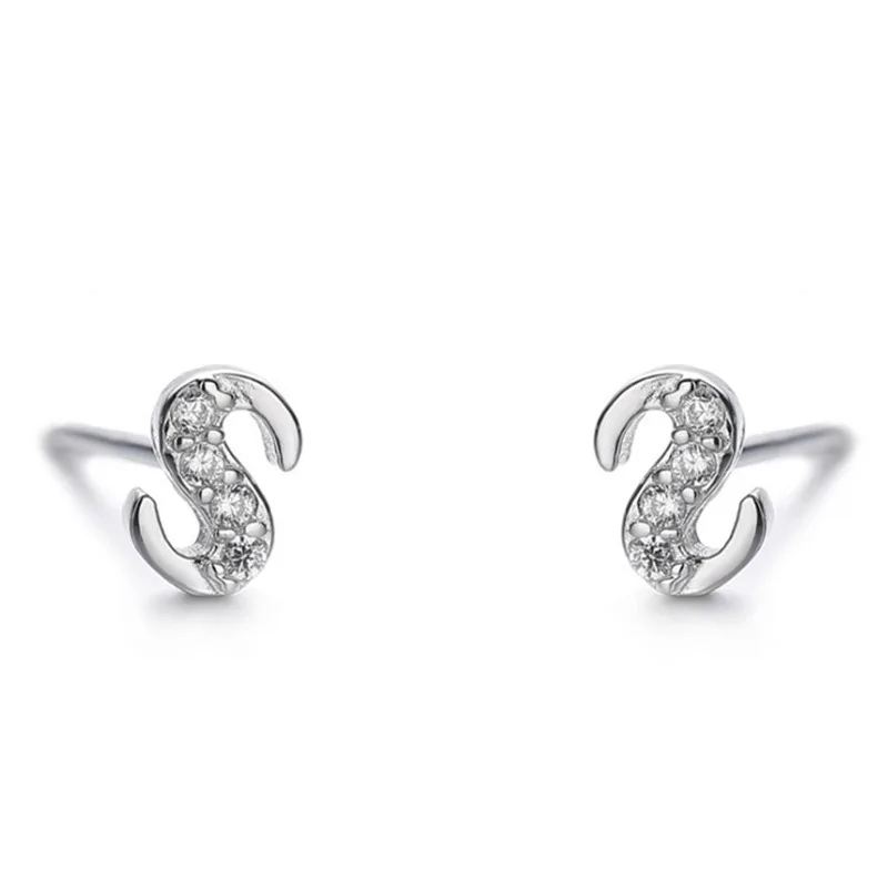 

OBEAR 925 Sterling Silver Inlaid Zircon 26 Letter Stud Earrings for Women Small Exquisite Ear Jewelry Gift