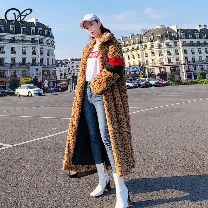 

Winter faux rabbit fur coat women leopard coat winter fur jacket female lapel long plush coat ladies patchwork teddy coat WJ453