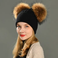 double fur pom pom women winter hat female wool removable fur ball knitted beanie cap with 2 natural color raccoon fur pompon
