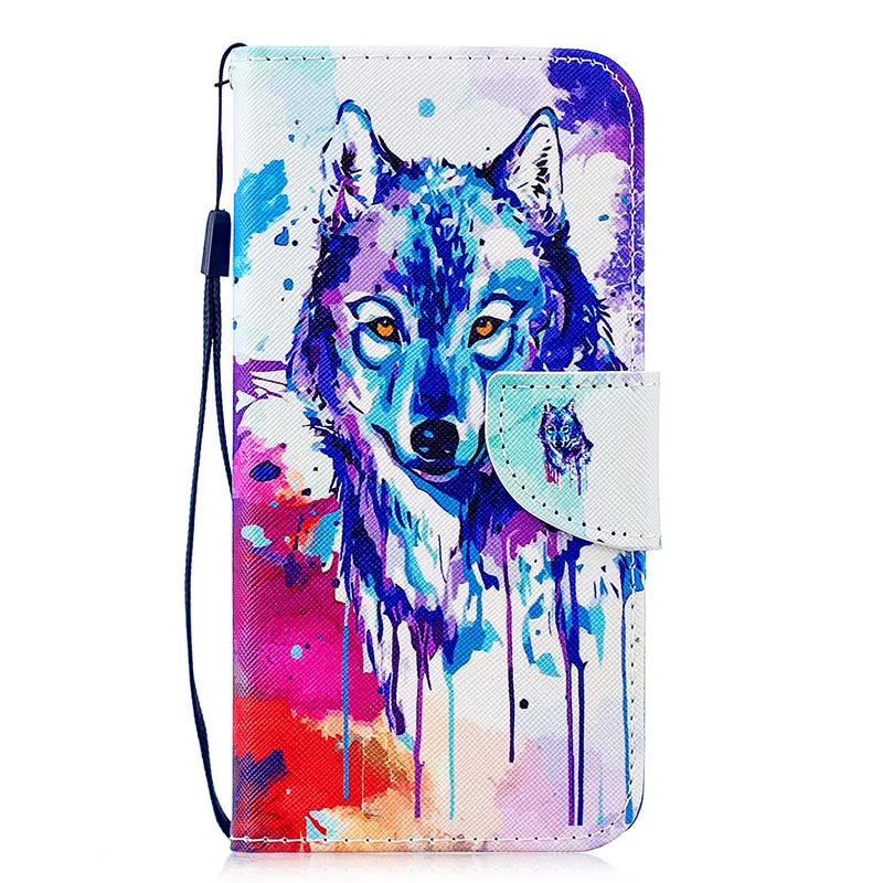 Кота из искусственной кожи чехол-бумажник флип-чехол для телефона для samsung Galaxy S10e S10 S9 S8 S7 S6 край J3 J5 J7 Pro A8 A6 плюс A9 крышка - Цвет: Watercolor Wolf