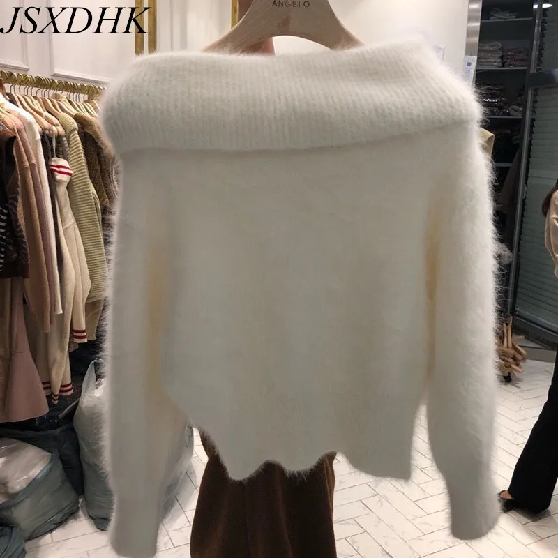 

Korean Fashion Women Slash Neck White Mohair Sweaters Autumn Winter Mink Cashmere Thick Warm Soft Off Shoulder Female Pullovers