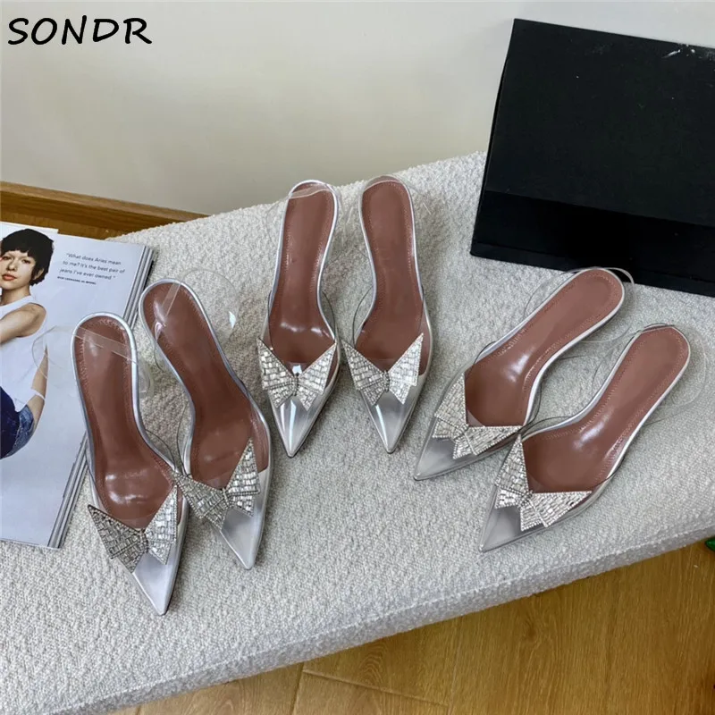 

Fashion Women Crystal Bowtie Transparent Sandals Ladies Pointed Toe Clear Heel Pumps Design High Heels Wedding Party Shoes Woman