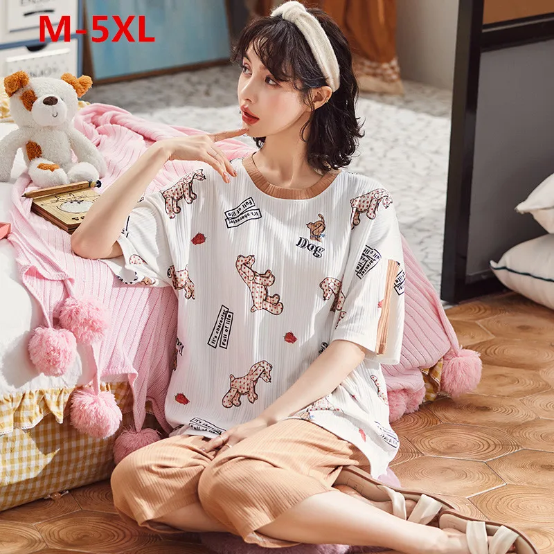 

Новые летние 100% хлопок мультфильм женская пижама с коротким рукавом и круглым вырезом на каждый день размера плюс M-5XL женский пижамный комп...