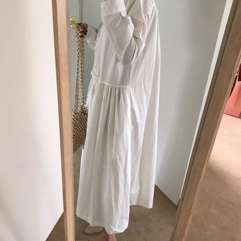 Mozuleva Simple Casual Stand Collar Single-breasted Women White Shirt Dress Full Sleeve Loose Solid Mid-length Female 2019 | Женская