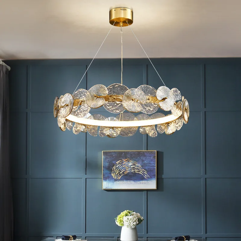 

Simple and light luxury LED restaurant chandelier lighting post-modern lotus leaf crystal chandelier villa hall hanging lights