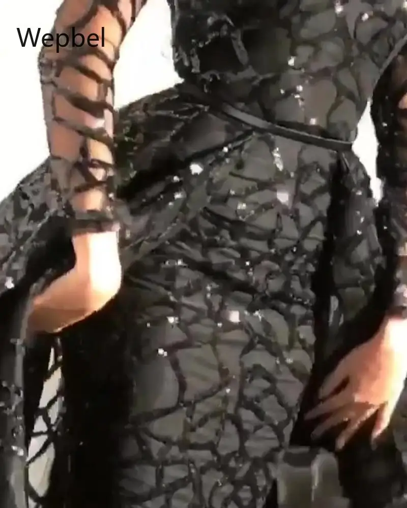 

WEPBEL High Waist Big Swing Black Dresses Sequined Expandable Evening Gown Dress Summer Women Party Dress Long-Sleeved
