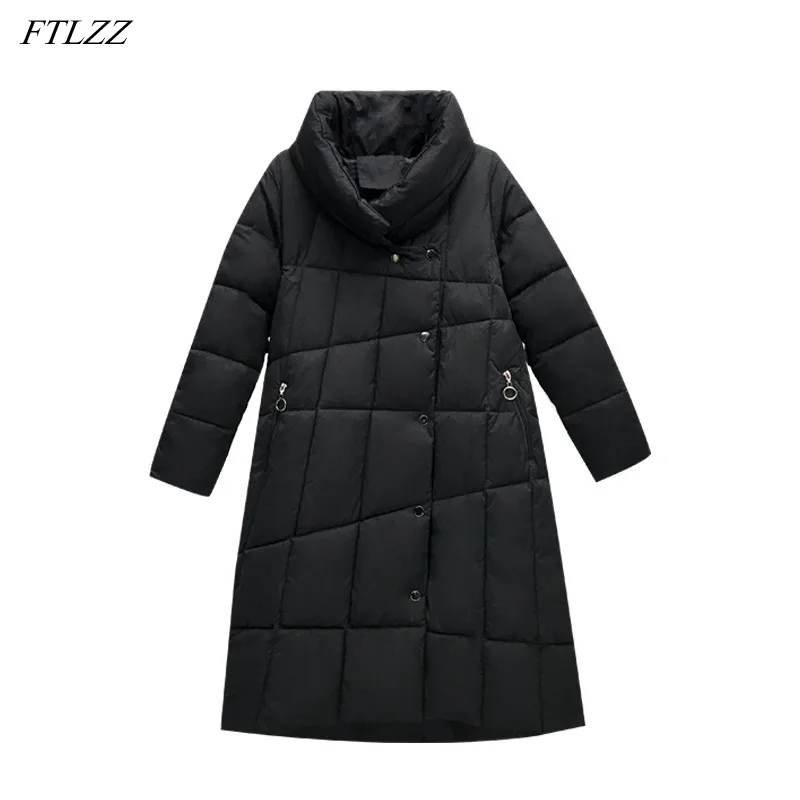 

FTLZZ New Winter Elegant Female Stand Collar Single Breasted Cotton Coat Casual Loose Long Cotton Jacket Outwear
