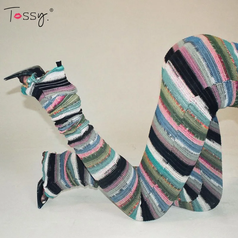 

Tossy Colorful Striped Knitted Stacked Leggings Women High Waist Casual Pants Streetwear Fall 2021 Sexy Extra Long Trousers