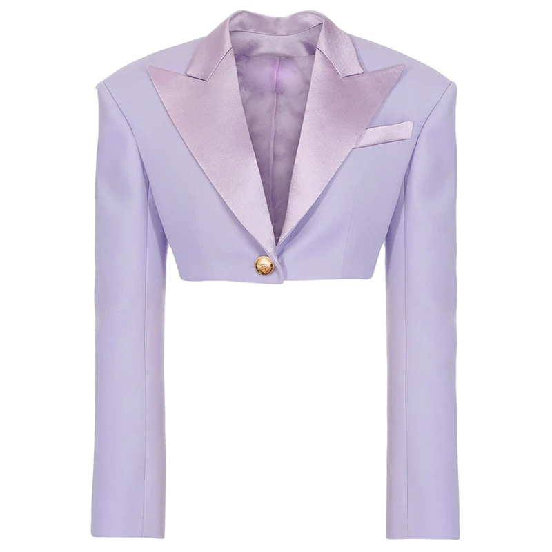 HIGH STREET Newest 2021 Designer Blazer Women's Satin Collar Single Button Crop Blazer Jacket
