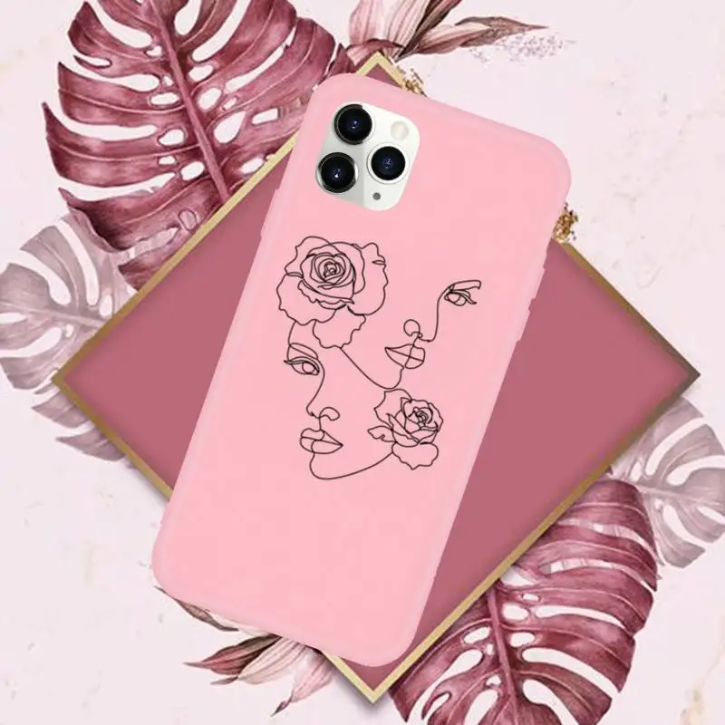 

Art line Retro Abstract Geometry leaves Phone Case Pink Candy Color for iPhone 11 12 mini pro XS MAX 8 7 6 6S Plus X SE 2020 XR