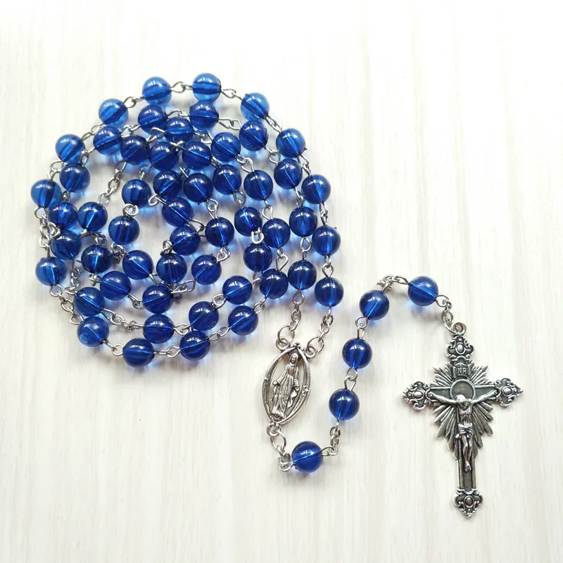 

QIGO Vintage Cross Rosary Necklace Catholic Long Acrylic Strand Religious Necklace