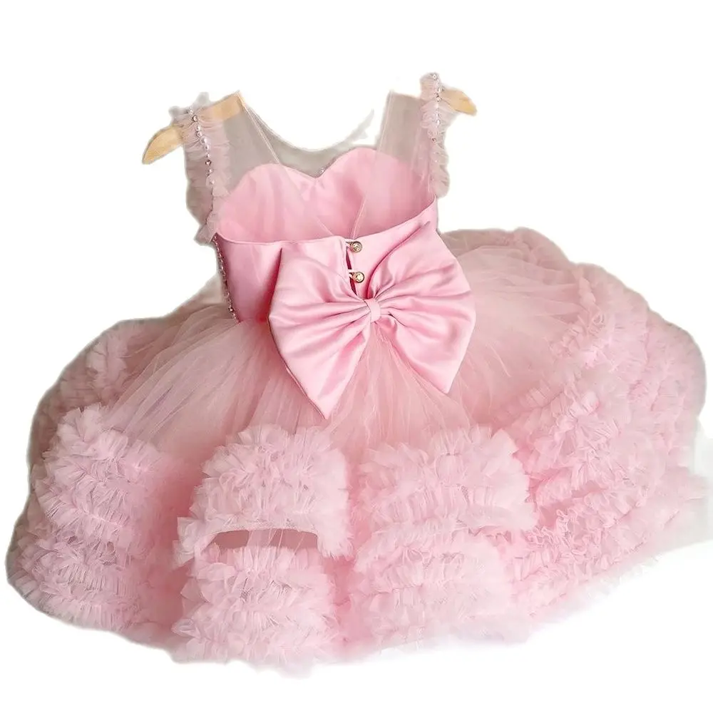 

Розовое платье принцессы с жемчужными бусинами, пышное платье для первого причастия, платья для девочек с цветами, милое детское платье для ...