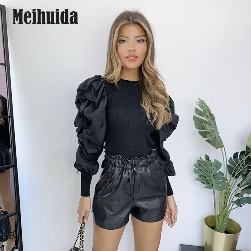 Модные женские туфли с буффами на рукавах вязаный Топ в стиле пэчворк круглым