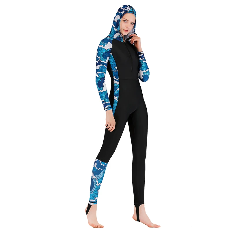 

Women One Piece Long-Sleeve Surfing Suit Sun Protection Hoodie Stinger Suit Dive Skin UV Protection Black Blue