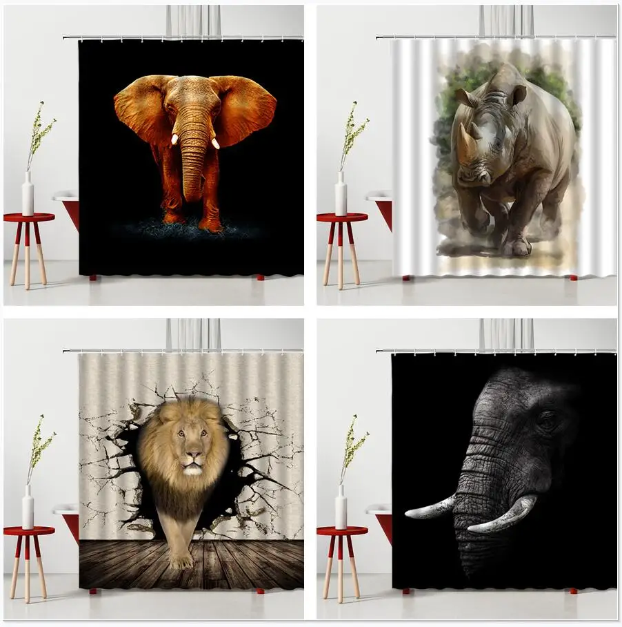 

Elephant Lion Shower Curtain Africa Wild Animal Creativity Washable Fabric Bathroom Decor Bathtub Screen With Hook Bath Curtains