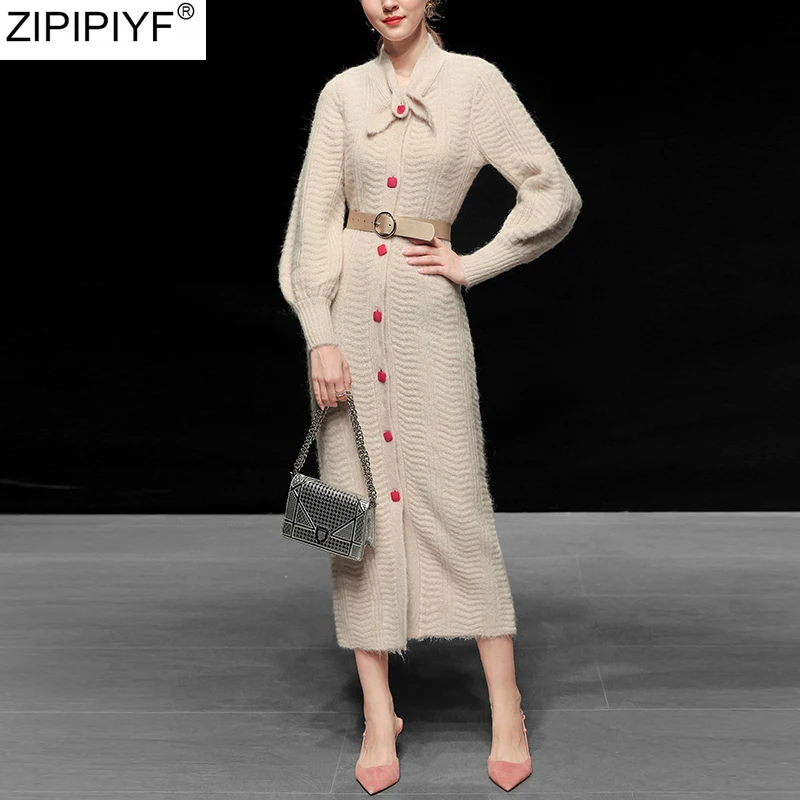 2020 женское весенне осеннее вязаное платье с бантом и длинным рукавом Элегантное