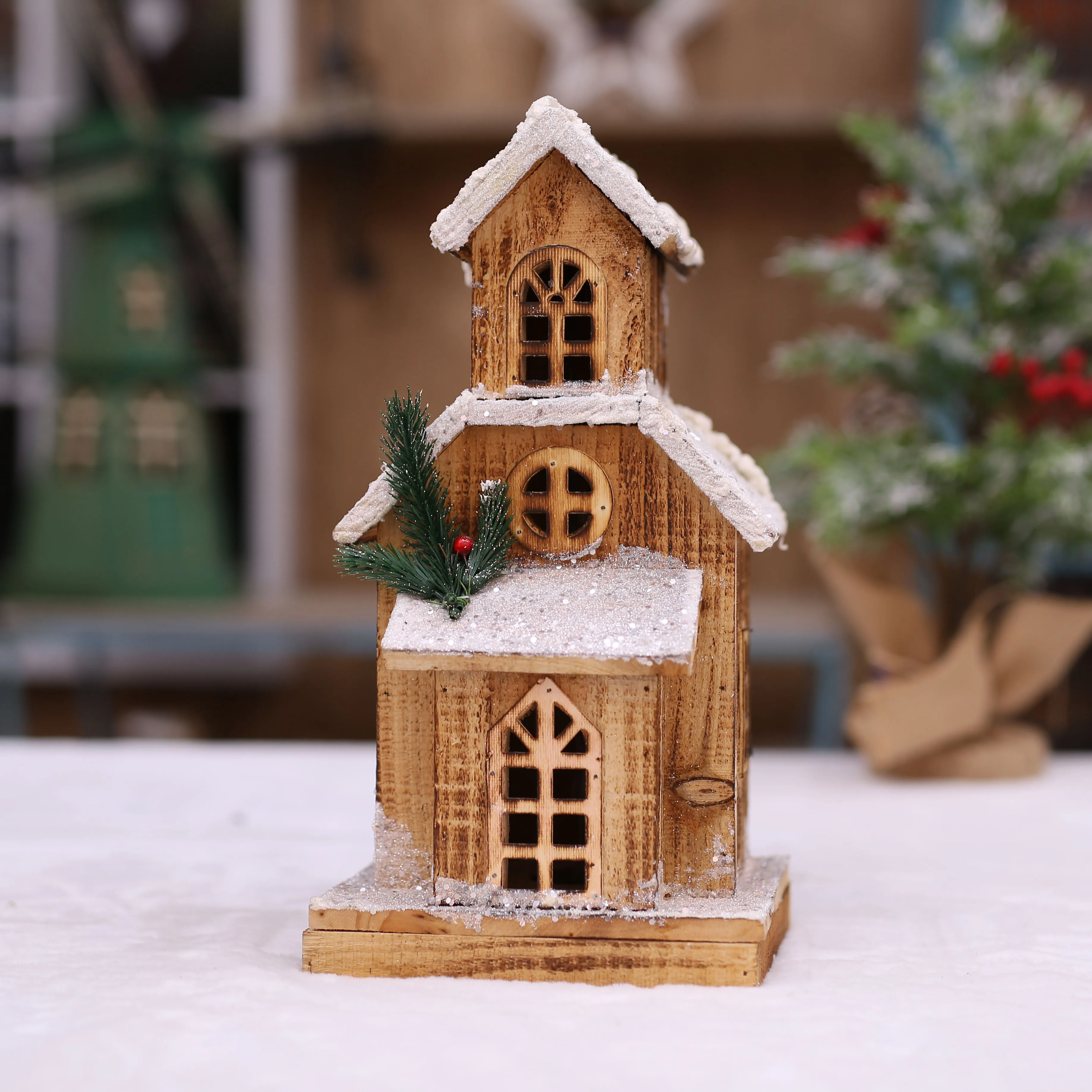 

35*18*15cmChristmas wooden tower castle Christian church ornaments and decorations luminous house Snow house decor