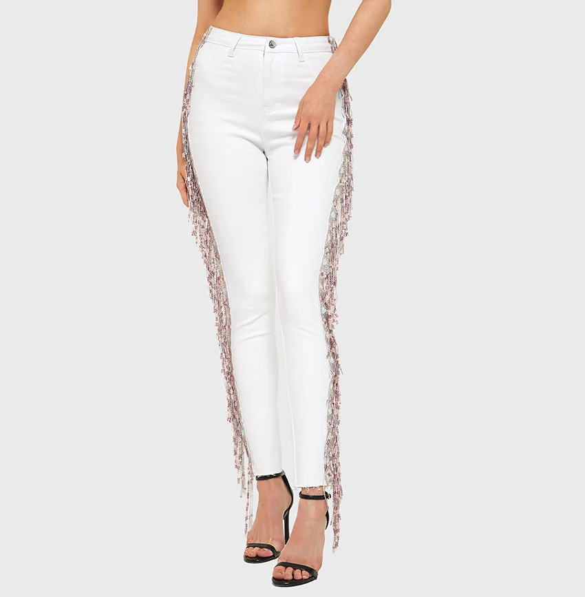 Женские белые джинсы с завышенной талией Осенние узкие блестками р9062 | Женская