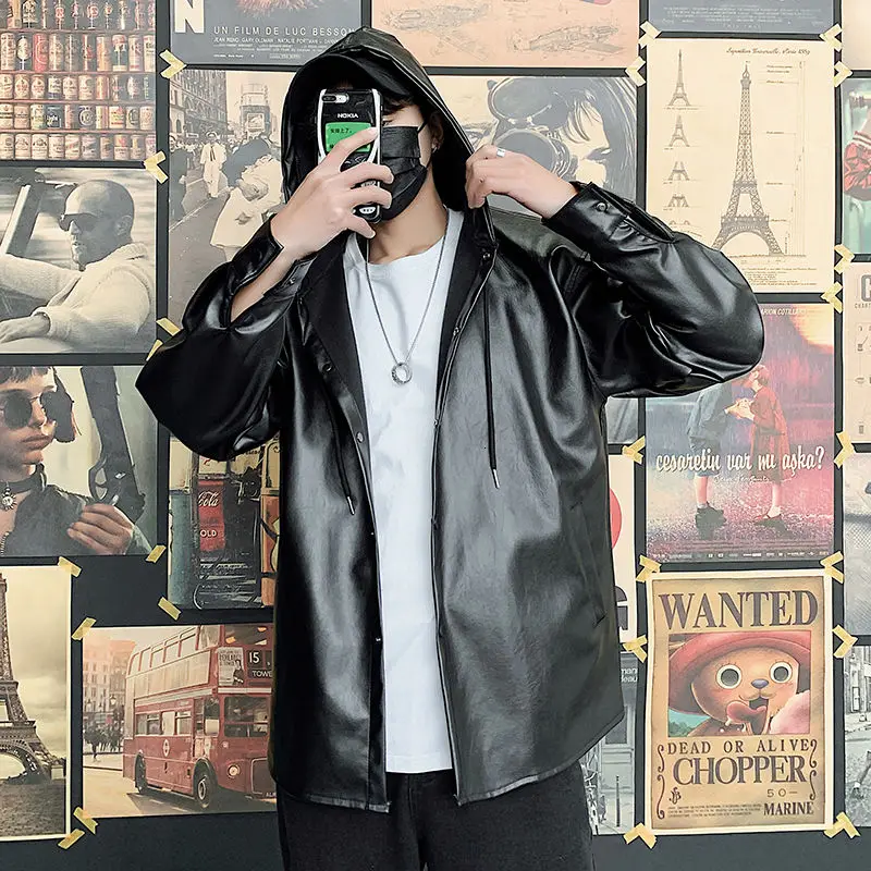 

2020 Men's Hooded Leather Solid Color Baseball PU Motorcycle Jackets Faux Fur Coats Black Color Loose Fashion Outerwear M-2XL