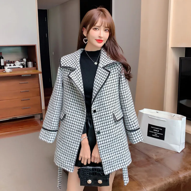 

Tweed Jacket High Quality Long Houndstooth Slim Fashion Tweed Coat Autumn New Women's Outerwear Office Lady Clothes Tops