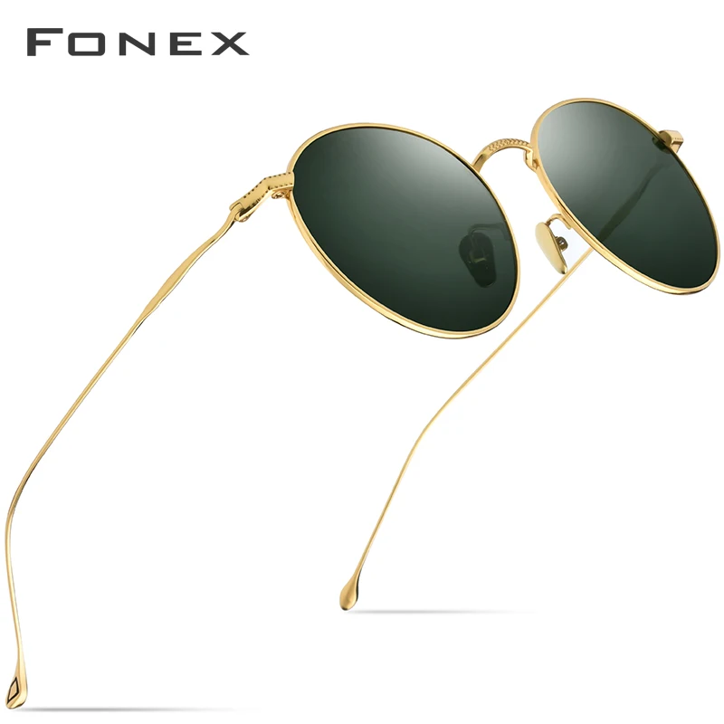 FONEX, титановые солнцезащитные очки, мужские, Ретро стиль, круглые, поляризационные, солнцезащитные очки для женщин, новинка, высокое качество, UV400, круглые, корейские очки 8508 - Цвет линз: Dark Green Lens