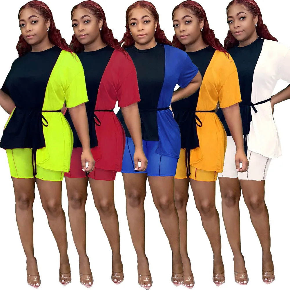 

Summer 2 Piece Set Women Fashion Street Contrast Solor Stitching Short-sleeved Shorts Two Piece Suit Women