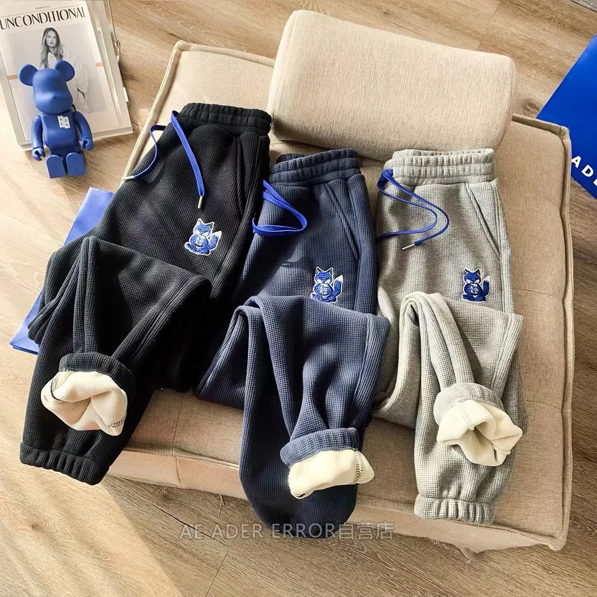 

ADER autumn and winter high-quality unisex trousers plus velvet thick loose casual pants new 1:1 adererror fox joint embroidery