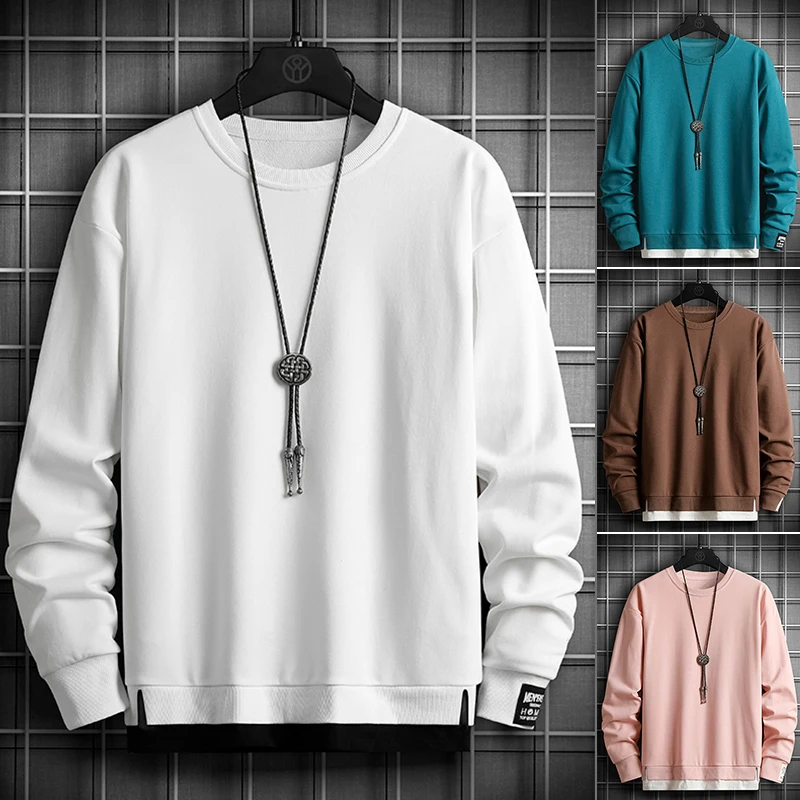 

Autumn Men Sweatshirts Casual Long Sleeve Hoodies 2021 Korean Hip Hop Streetwear Loose Solid Color Fake Two Piece Sweatshirt Men
