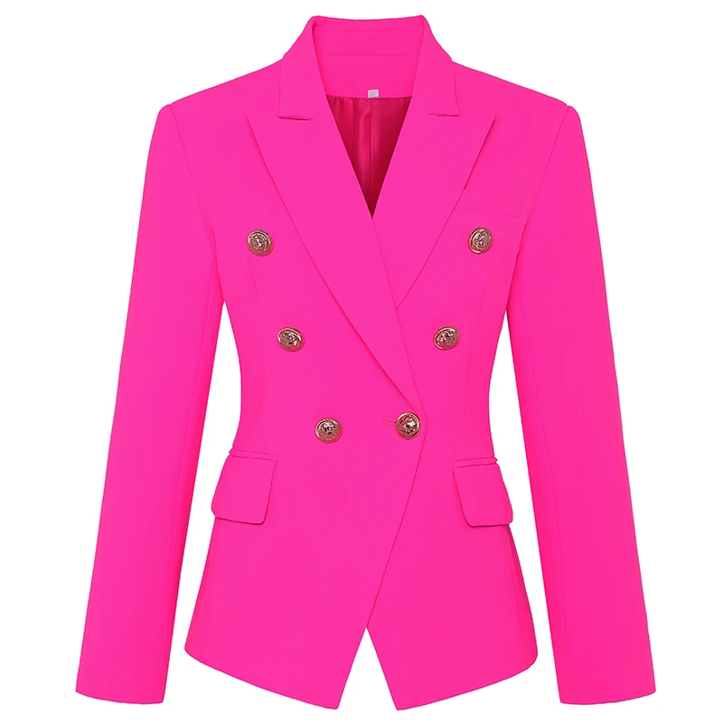 HIGH STREET 2021 Stylish Designer Blazer Women's Classic Double Breasted Metal Buttons Slim Fitting Blazer Jacket Hot Pink