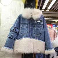 imitation fur splicing denim coat female fashion winter parka new thickened all matching leisure overcoats cotton padded